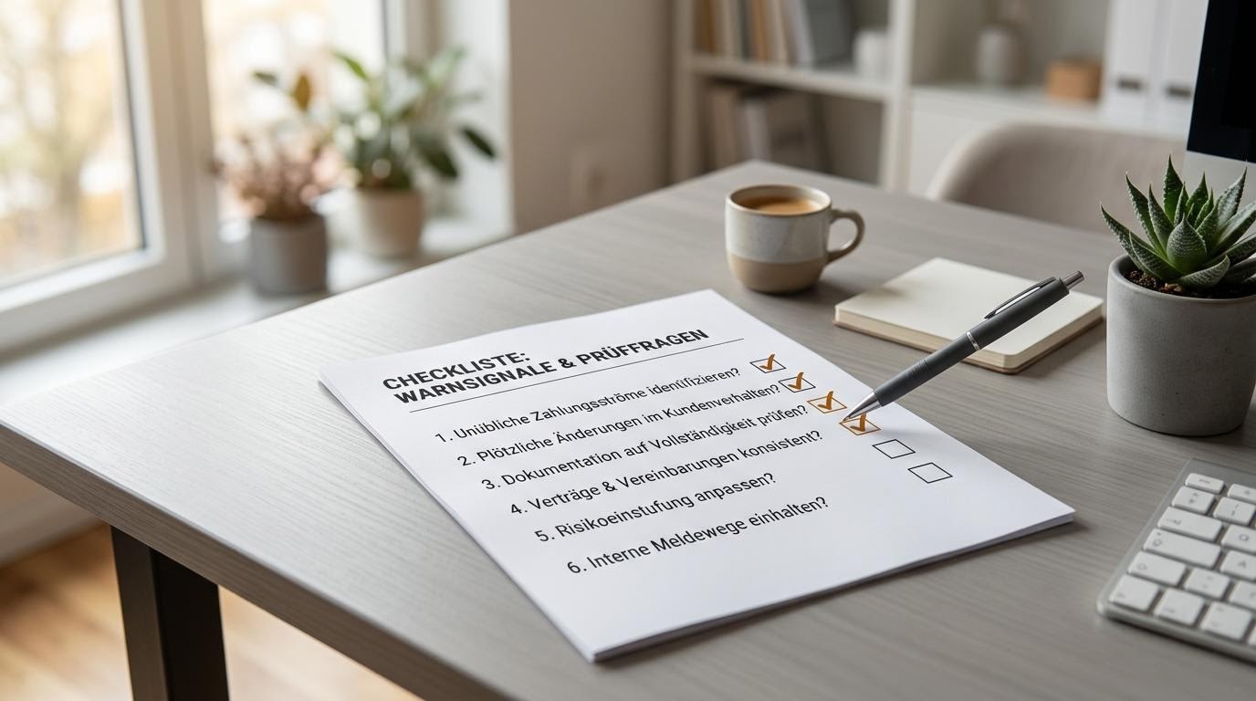 Ruhiger Schreibtisch mit einer ausgedruckten Checkliste und einem Stift, der Prüffragen der Reihe nach abhakt.