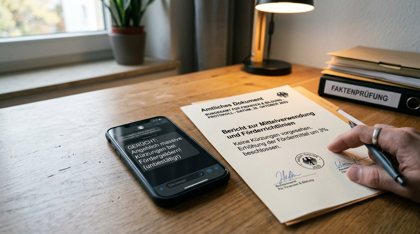 Ruhiger Schreibtisch, auf dem eine unbelegte Behauptung auf einem Smartphone mit einem amtlichen Primärquellen-Dokument abgeglichen wird.