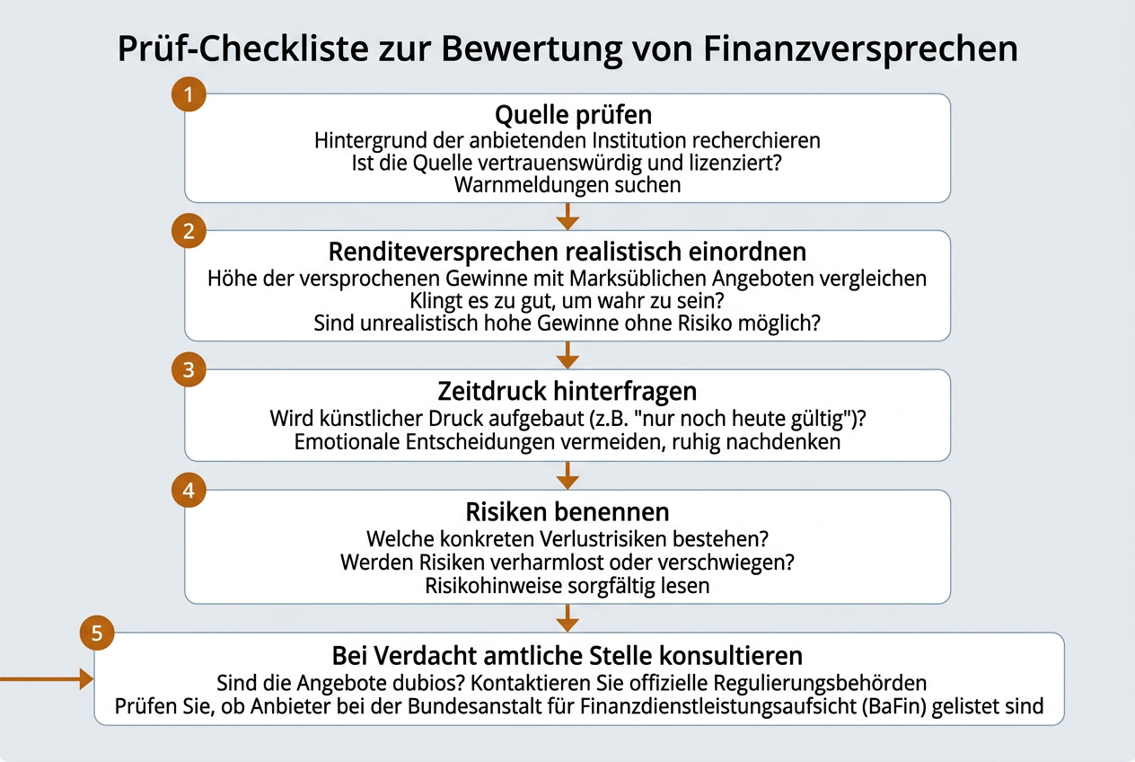 Ablaufdiagramm einer Prüf-Checkliste: Quelle prüfen, Renditeversprechen einordnen, Zeitdruck hinterfragen, Risiken benennen, amtliche Stelle konsultieren.