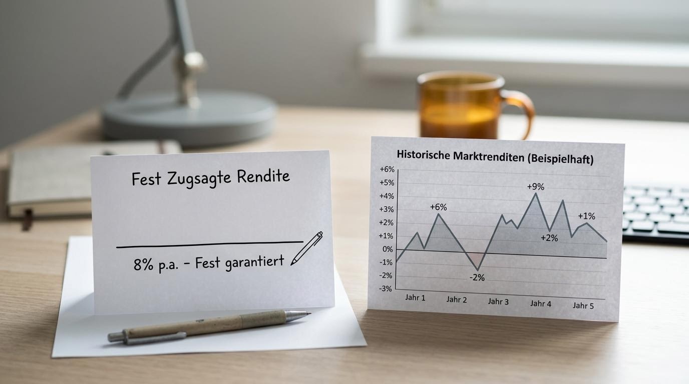 Ruhiger Schreibtisch, auf dem ein Zettel mit einem fest zugesagten hohen Prozentsatz neben einem Diagramm normaler, schwankender Marktrenditen liegt.